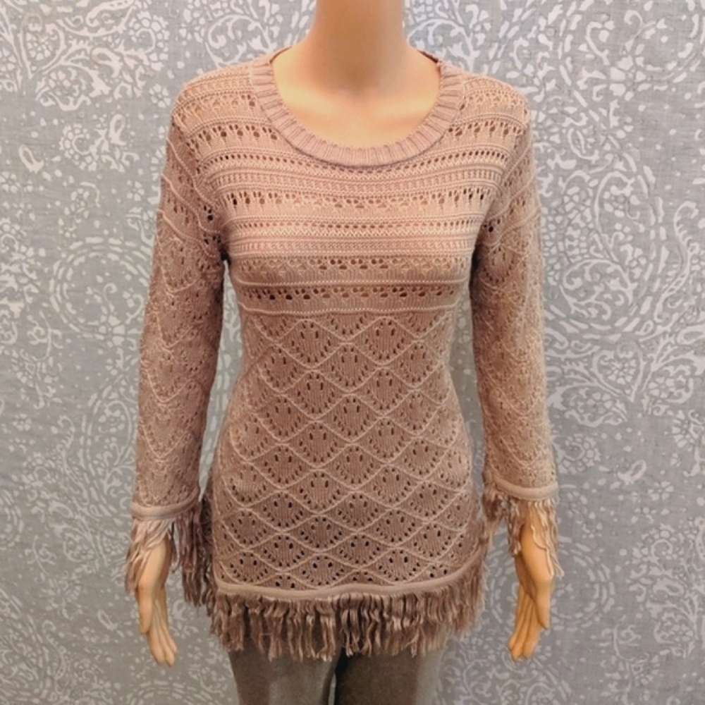 New Sunny Leigh Boho Chic Open Crochet Fringe Sweater